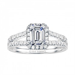 Emerald Cut Split Shank Halo Diamond Semi Mount Engagement Ring