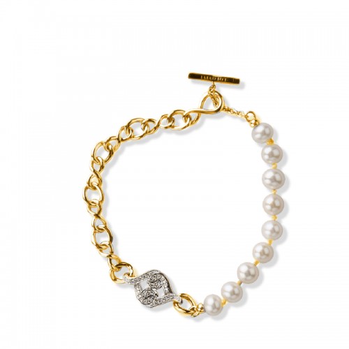 14K Solid Gold Natural White Diamond Pearl Bracelet