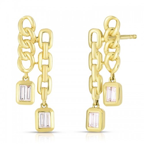 Double Chain Drop Earrings with Baguette Diamonds
