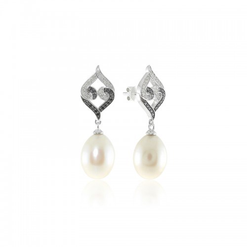 Sterling Silver Pearl White & Black Diamond Drop Earrings