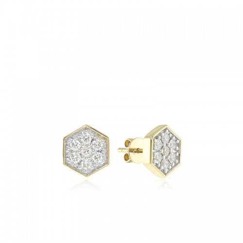 14K Solid Gold White Diamond Hexagon Stud Earrings