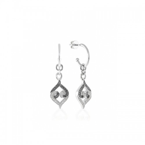 Sterling Silver White & Black Diamond Hoop Dangle Earrings