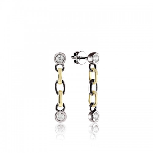 14K Solid Gold and Black Silver White Sapphire Short Chain Earrings