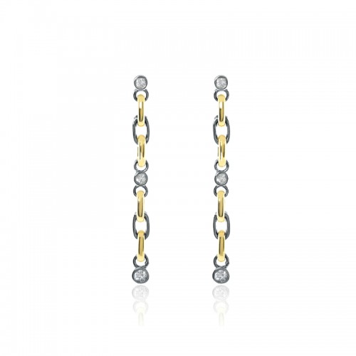 14K Solid Gold and Black Silver White Sapphire Long Line Earrings