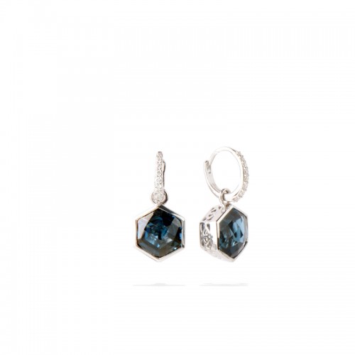 14K Solid Gold Natural White Diamond London Blue Topaz Earrings