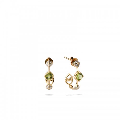 14K Solid Gold Natural White Diamond Peridot Small Hoop Earrings