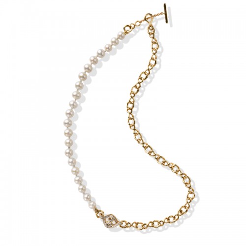 14K Solid gold Natural White Diamond Pearl Necklace
