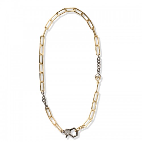 14K Solid Gold and Black Silver White Sapphire Paperclip Necklace