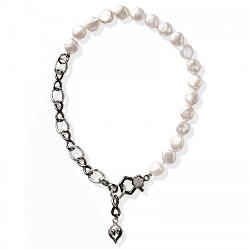 Sterling Silver and Black Silver White Sapphire Pearl Necklace
