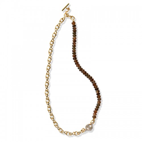 18K Solid Gold Brown Andesine and Natural White Diamond Necklace