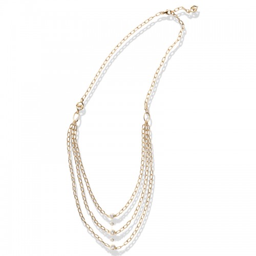 14K Solid Gold White Sapphire Layered Bib Necklace