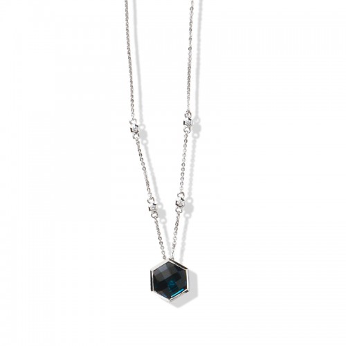 14K Solid Gold Natural White Diamond London Blue Topaz Necklace