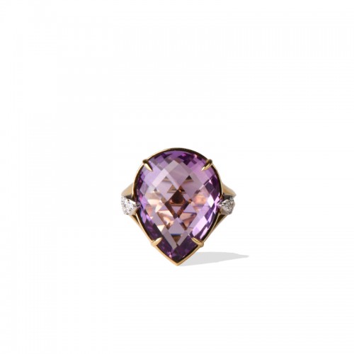 14K Solid Gold Natural White Diamond Amethyst Ring