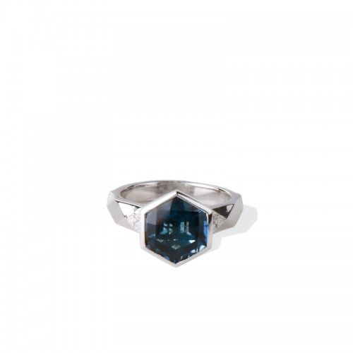 14K Solid Gold Natural White Diamond London Blue Topaz Ring
