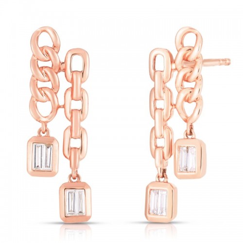 Double Chain Drop Earrings with Baguette Diamonds
