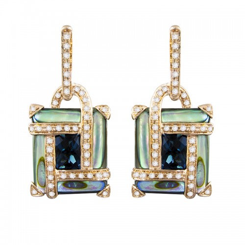 14kt Rose Gold Earrings Diamonds 0.17ct, Abalone inlays 5.35ct, London Blue Topaz 1.60ct