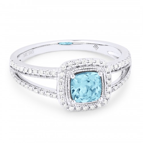 Lady's White 14 Karat Ring With 68=0.15Tw Round Diamonds And One 0.80Ct Cushion Blue Topaz