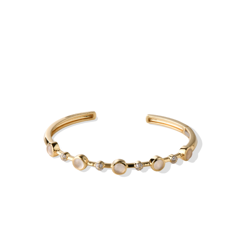 18K Solid Gold Natural White Diamond Ethiopian Opal Bangle Bracelet