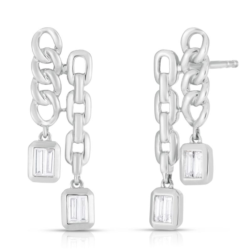 Double Chain Drop Earrings with Baguette Diamonds