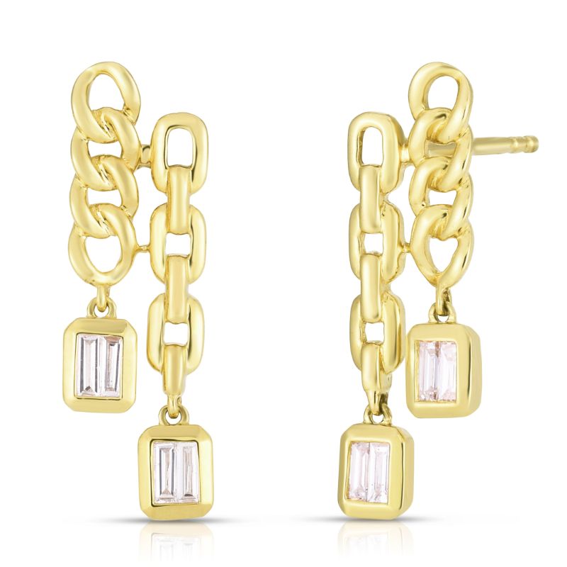 Double Chain Drop Earrings with Baguette Diamonds