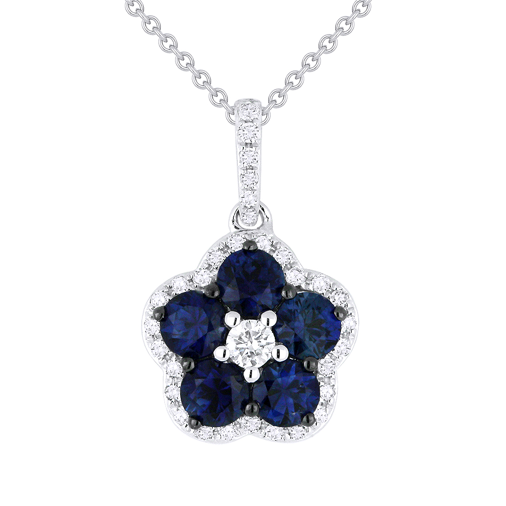 Lady's White 14 Karat Pendant/Chain With 32=0.18Tw Round Diamonds And 5=1.10Tw Round Sapphires