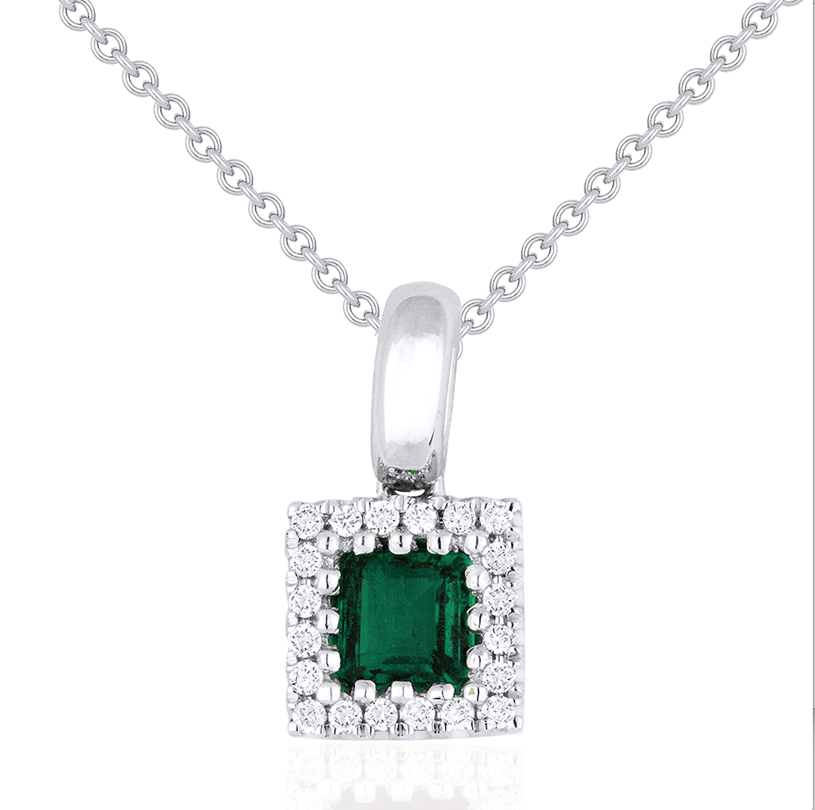 Lady's White 14 Karat Pendant/Chain With 20=0.08Tw Round Diamonds And One 0.90Ct Square Cushion Emerald