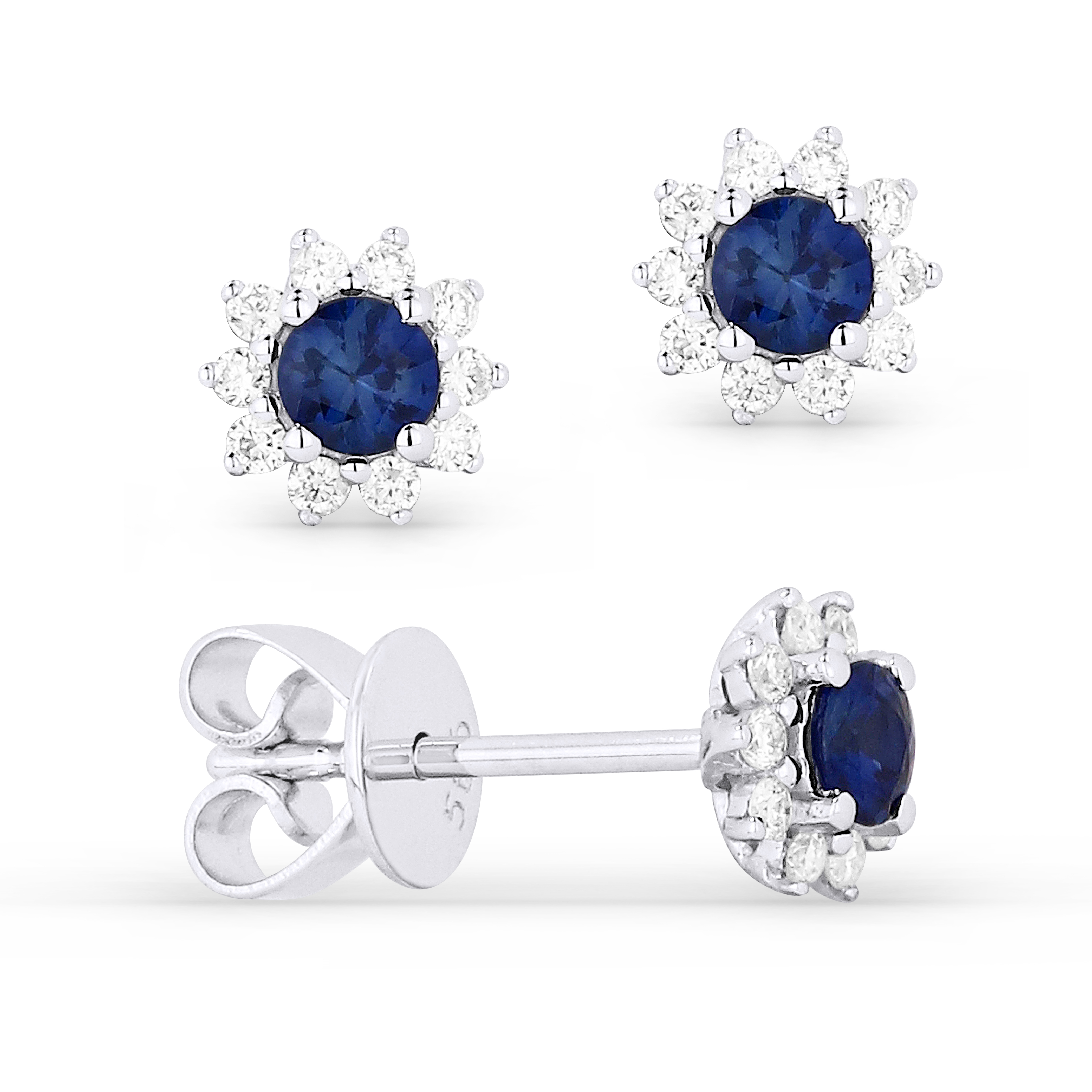 Lady's White 14 Karat Earrings With 20=0.14Tw Round Diamonds And 2=0.30Tw Round Sapphires