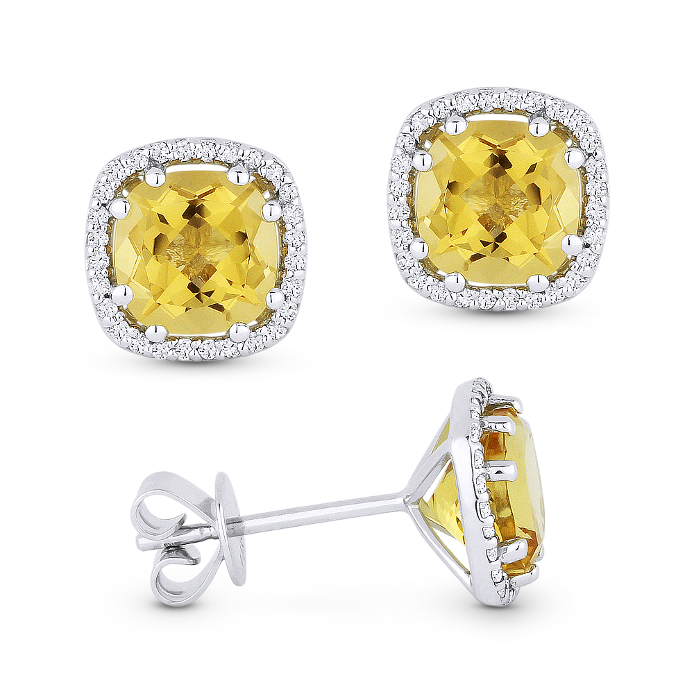 Lady's White 14 Karat Earrings With 40=0.09Tw Round Diamonds And 2=1.85Tw Cushion Citrines