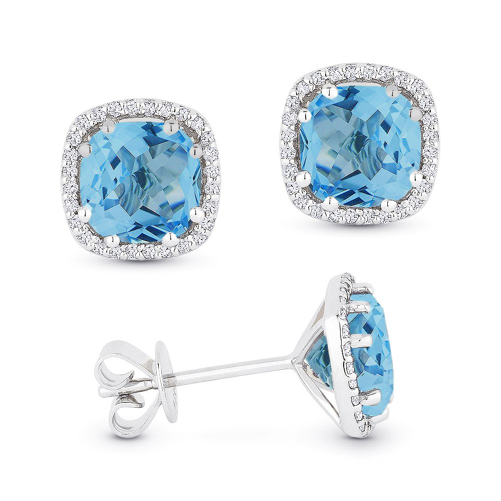 Lady's White 14 Karat Earrings With 40=0.09Tw Round Diamonds And 2=2.25Tw Cushion L Blue Topazs