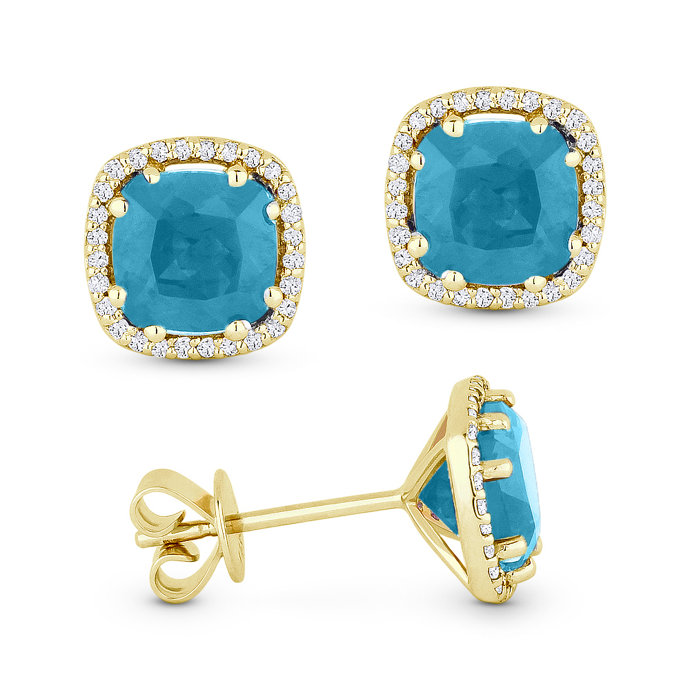 Lady's White 14 Karat Earrings With 40=0.09Tw Round Diamonds And 2=1.54Tw Cushion Turquoises