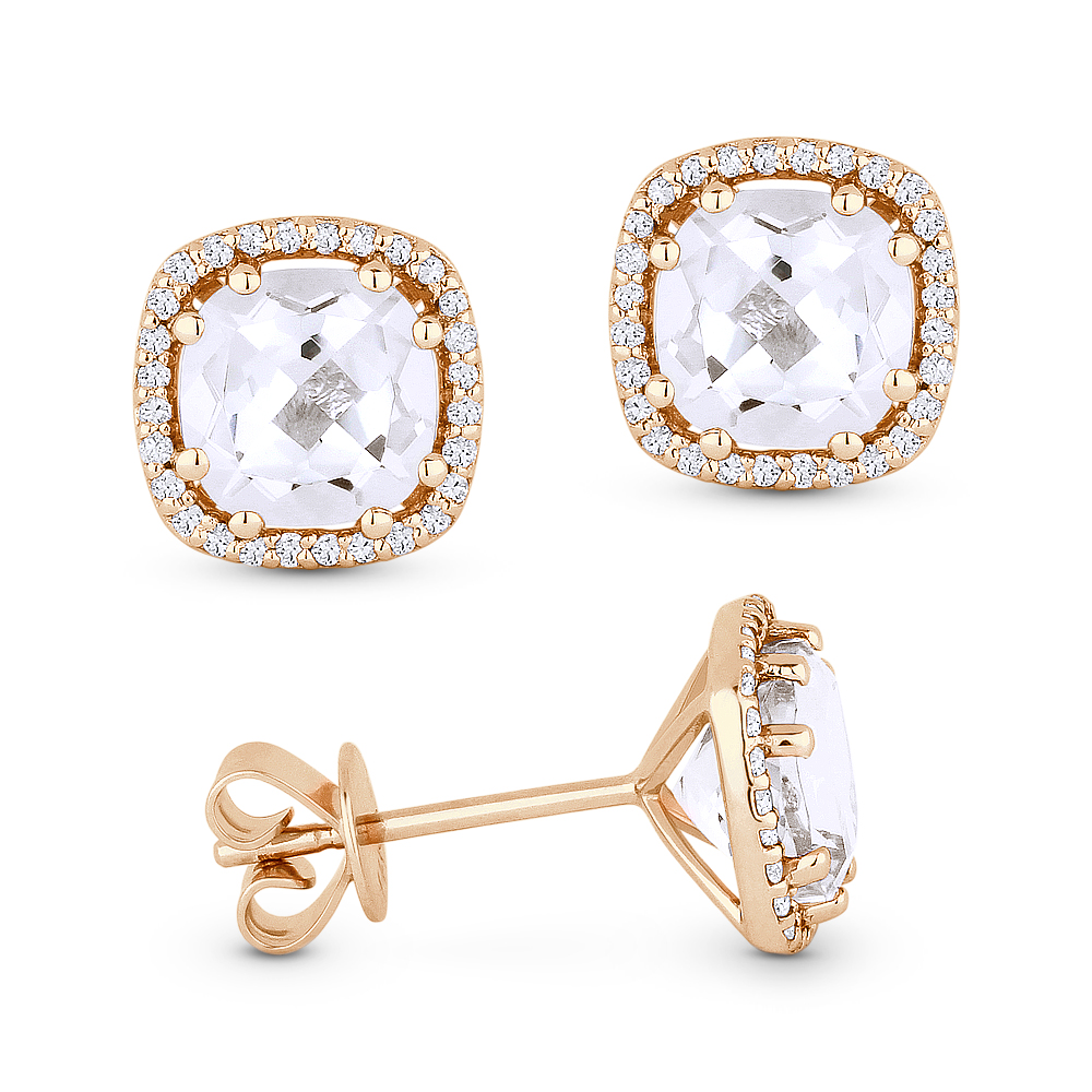 Lady's Rose 14 Karat Earrings With 40=0.09Tw Round Diamonds And 2=2.41Tw Cushion Wtp