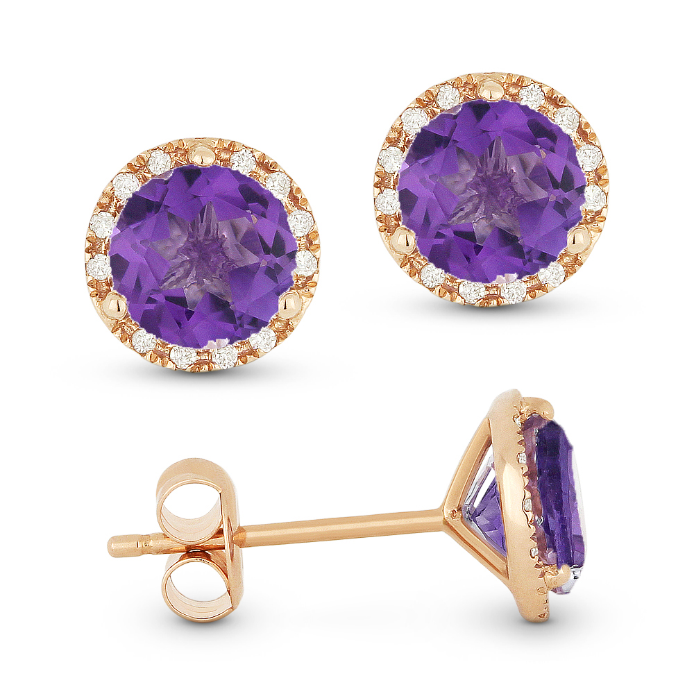 Lady's Rose 14 Karat Earrings With 24=0.07Tw Round Diamonds And 2=1.52Tw Round Amethysts