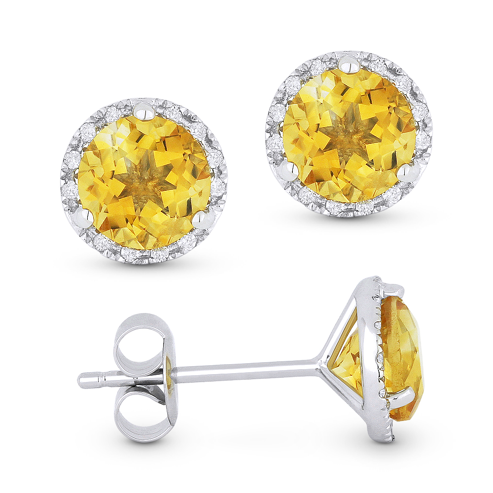 Lady's White 14 Karat Earrings With 24=0.07Tw Round Diamonds And 2=1.60Tw Round Citrines