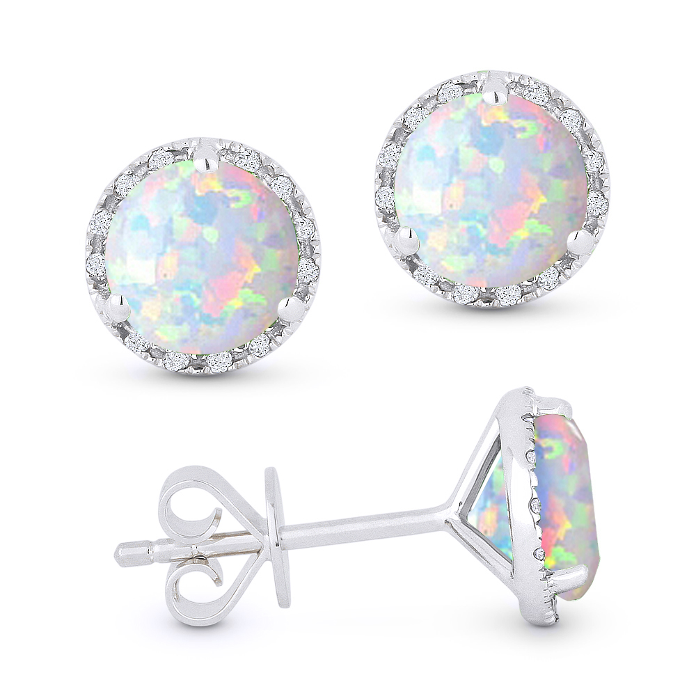Lady's White 14 Karat Earrings With 24=0.07Tw Round Diamonds And 2=1.04Tw Round Opals