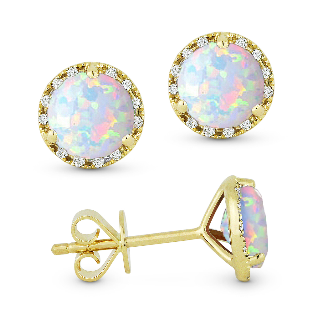 Lady's Yellow 14 Karat Earrings With 24=0.07Tw Round Diamonds And 2=1.05Tw Round Opals