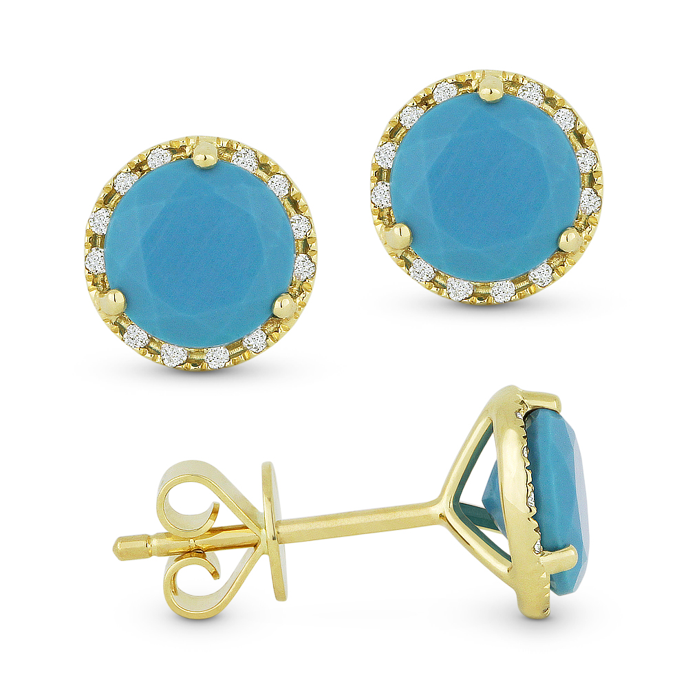 Lady's Yellow 14 Karat Earrings With 24=0.07Tw Round Diamonds And 2=0.91Tw Round Turquoises