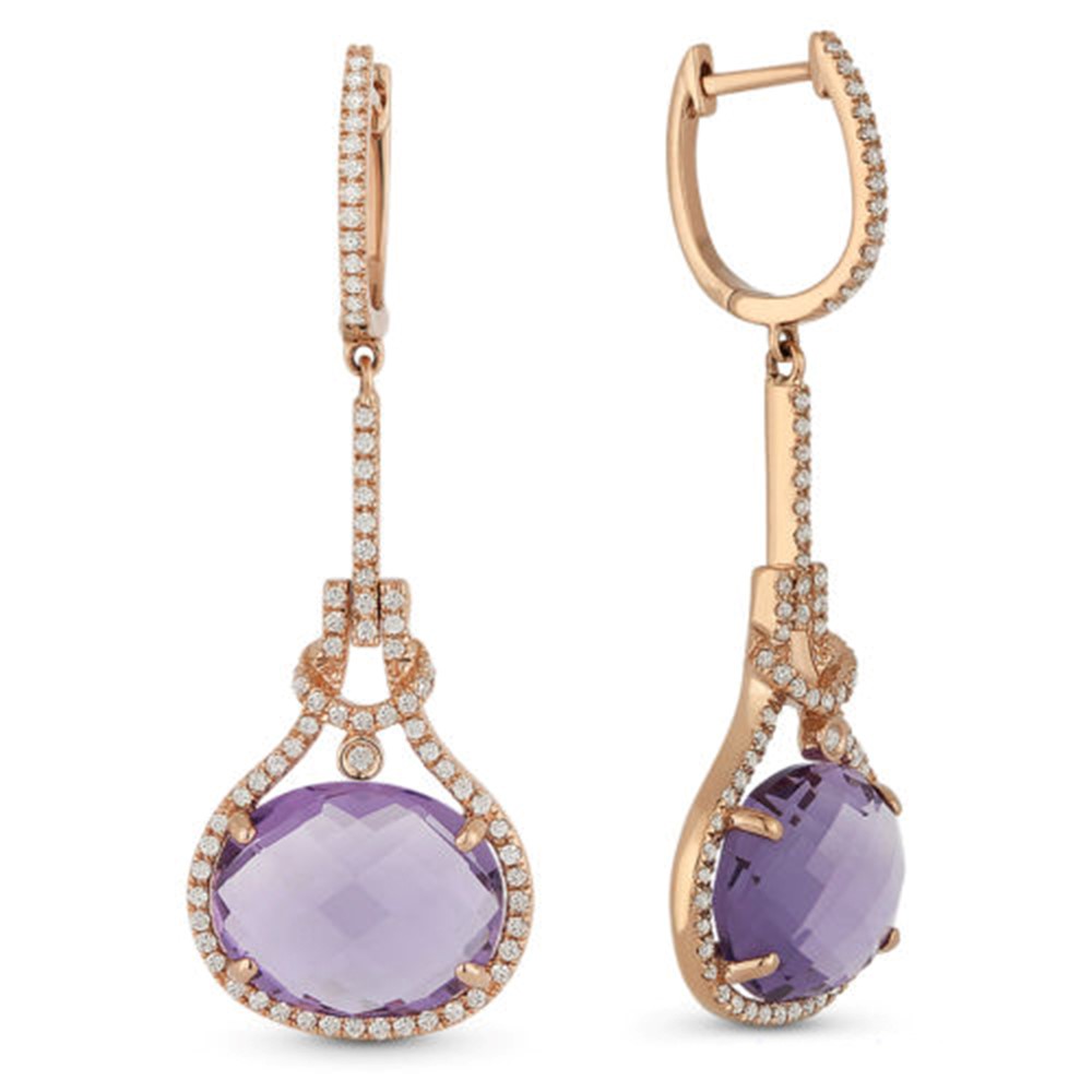 Lady's Rose 14 Karat Earrings With 146=0.47Tw Round Diamonds And 2=7.95Tw Oval Amethysts