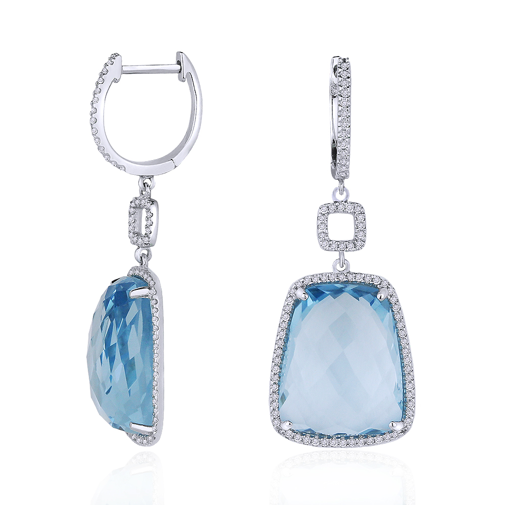 Lady's White 14 Karat Earrings With 174=0.42Tw Round Diamonds And 2=19.80Tw Fantasy Cut Blue Topazs