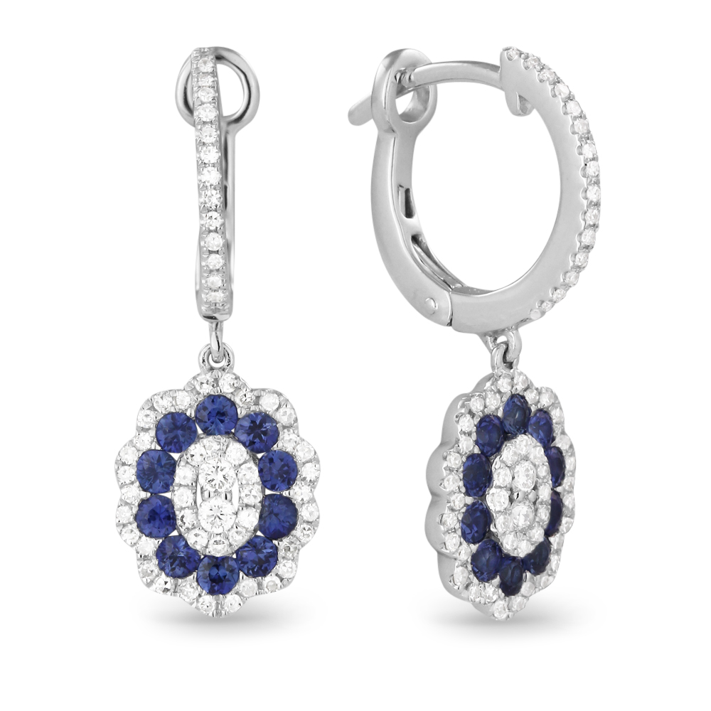 Lady's White 14 Karat Earrings With 118=0.42Tw Round Diamonds And 20=0.68Tw Round Sapphires