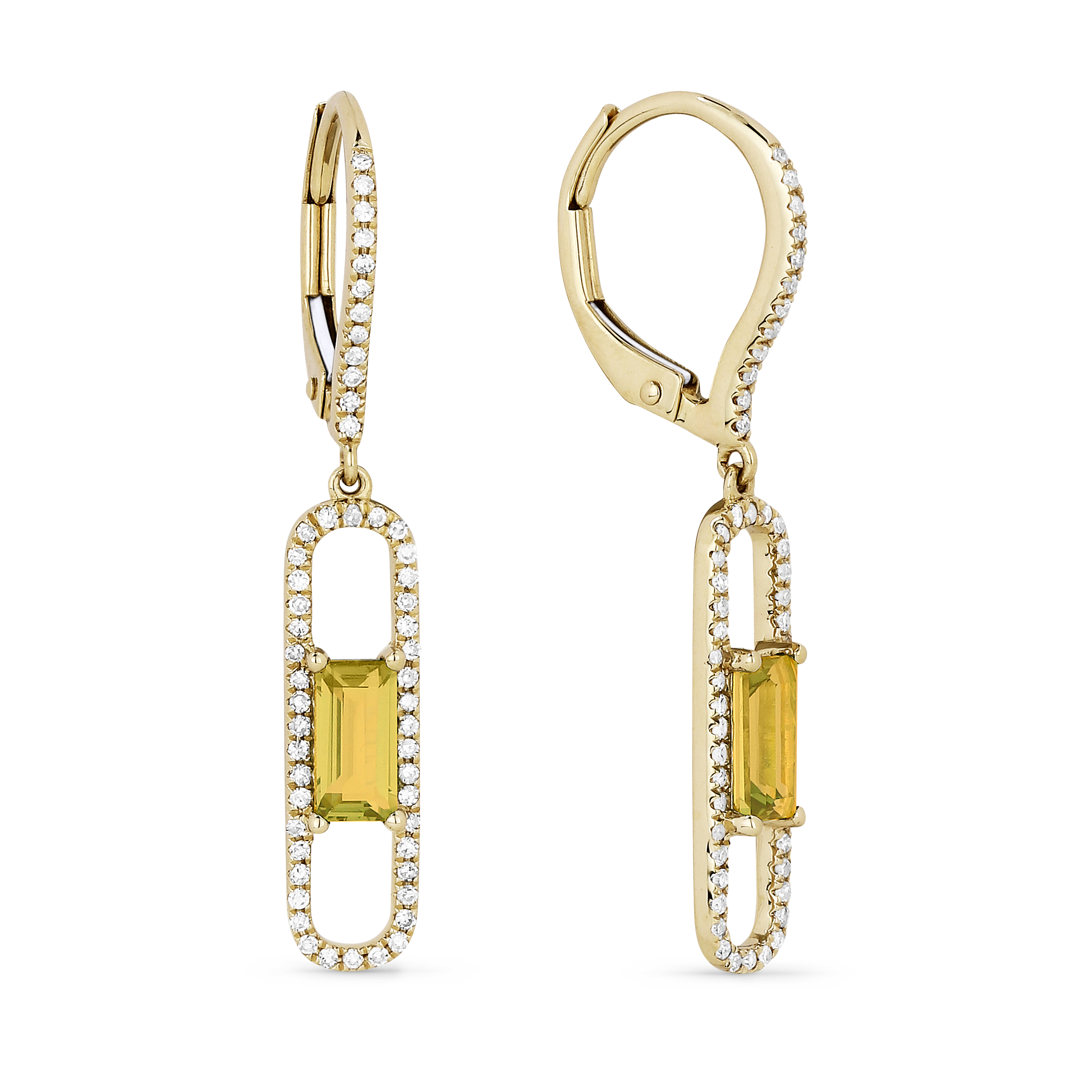 Lady's Yellow 14 Karat Earrings With 106=0.27Tw Round Diamonds And 2=0.67Tw Retangular Cushion Citrines