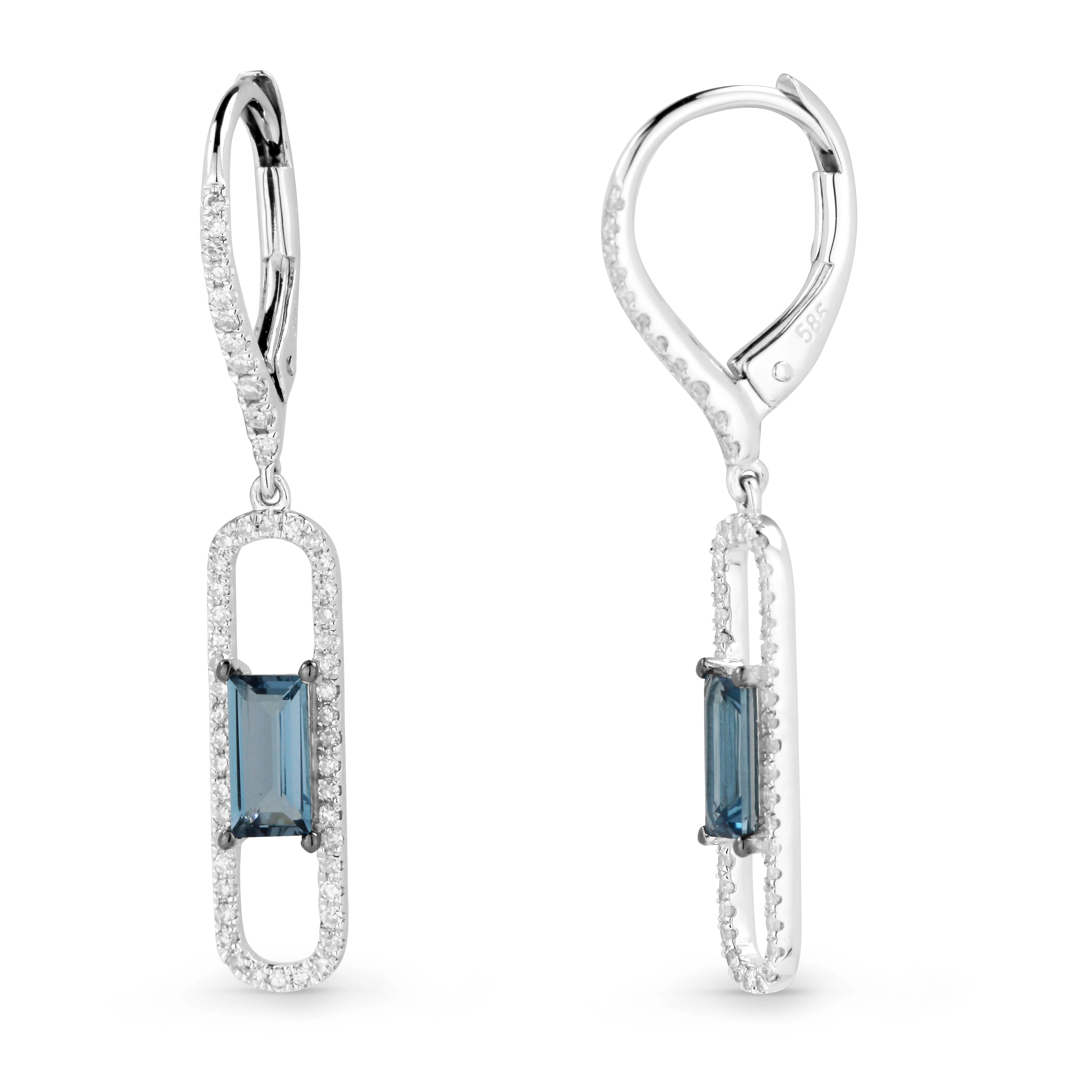 Lady's White 14 Karat Earrings With 106=0.27Tw Round Diamonds And 2=0.77Tw Retangular Cushion Blue Topazs