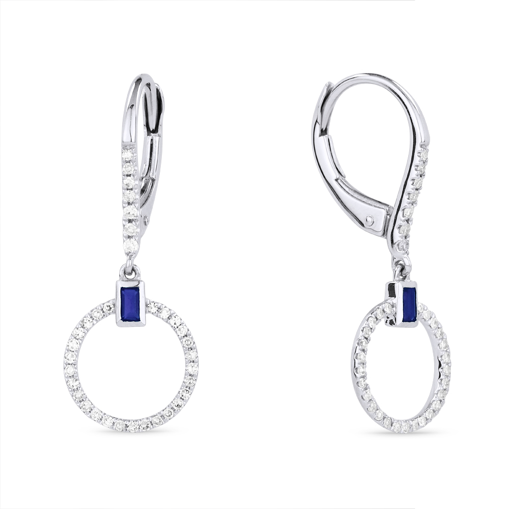 Lady's White 14 Karat Earrings With 68=0.21Tw Round Diamonds And 2=0.11Tw Retangular Cushion Sapphires