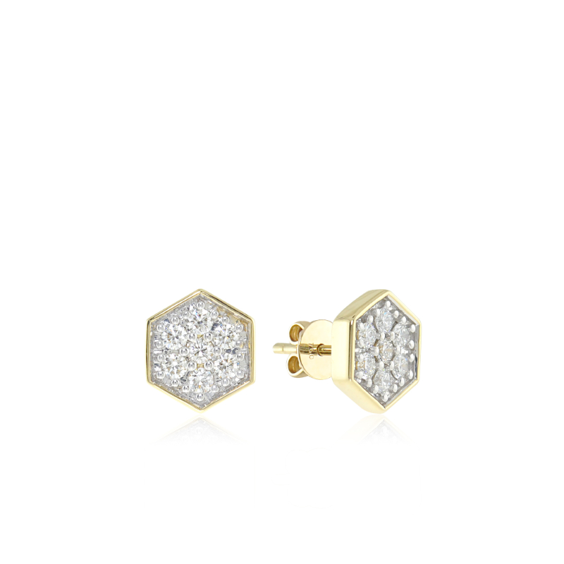 18K Solid Gold White Sapphire Hexagon Stud Earrings