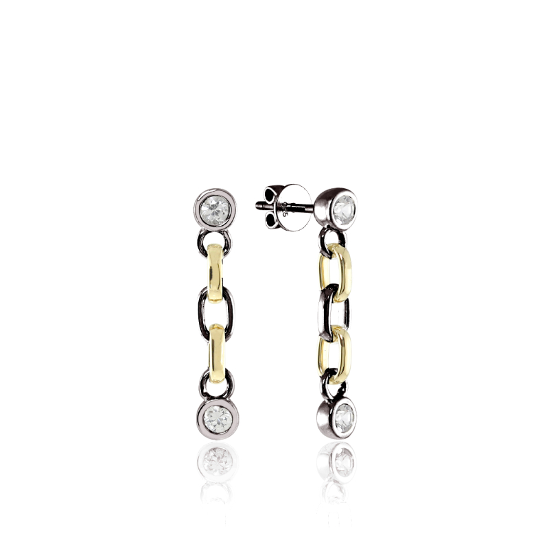 14K Solid Gold and Black Silver White Sapphire Short Chain Earrings
