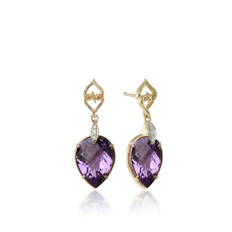 14K Solid Gold Natural White Diamond Amethyst Earrings