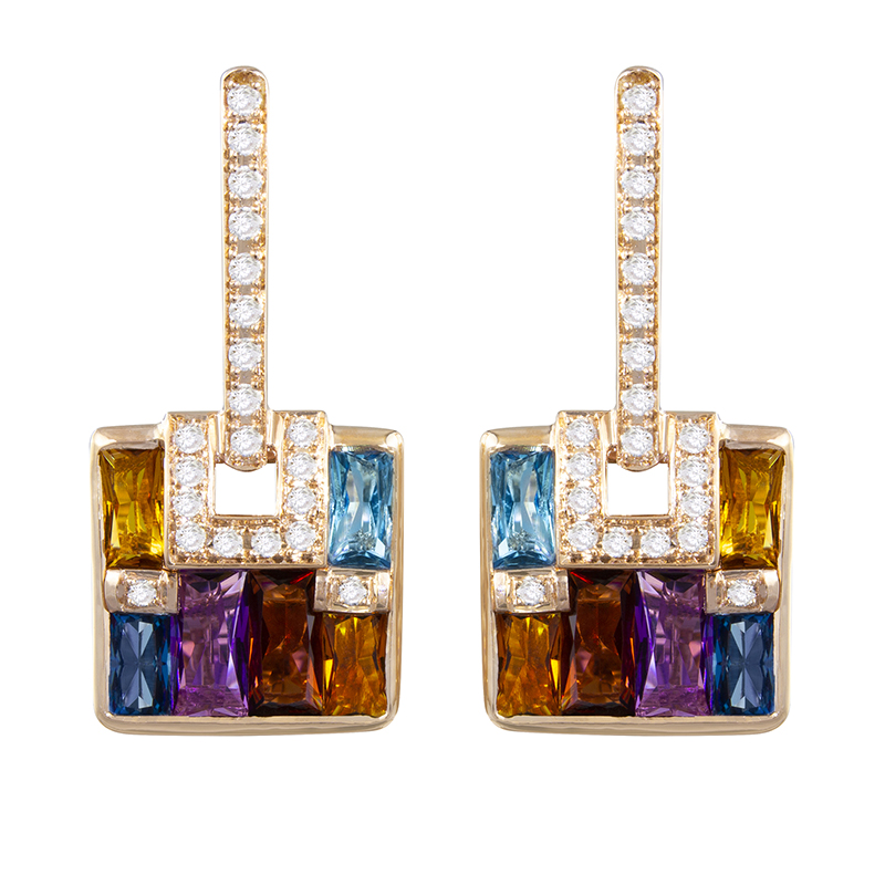 14kt Rose Gold Earrings Diamonds 0.25ct, Multi color gemstones  3.45ct
