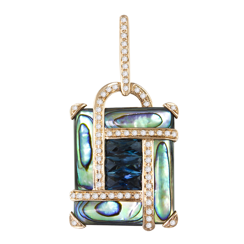 14kt Rose Gold Enhancer Diamonds 0.32ct, Abalone inlays 6.95ct, London Blue Topaz 1.90ct