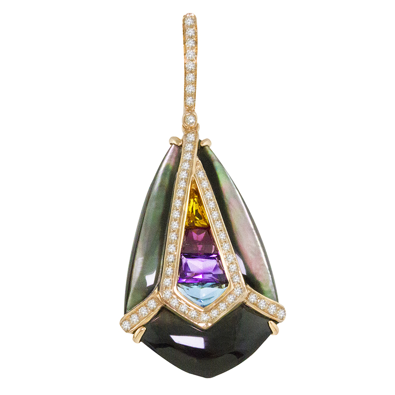 14kt Rose Gold Enhancer Diamonds 0.33ct, Black Mother of Pearl 8.00ct, Multi color gemstones 1.50ct