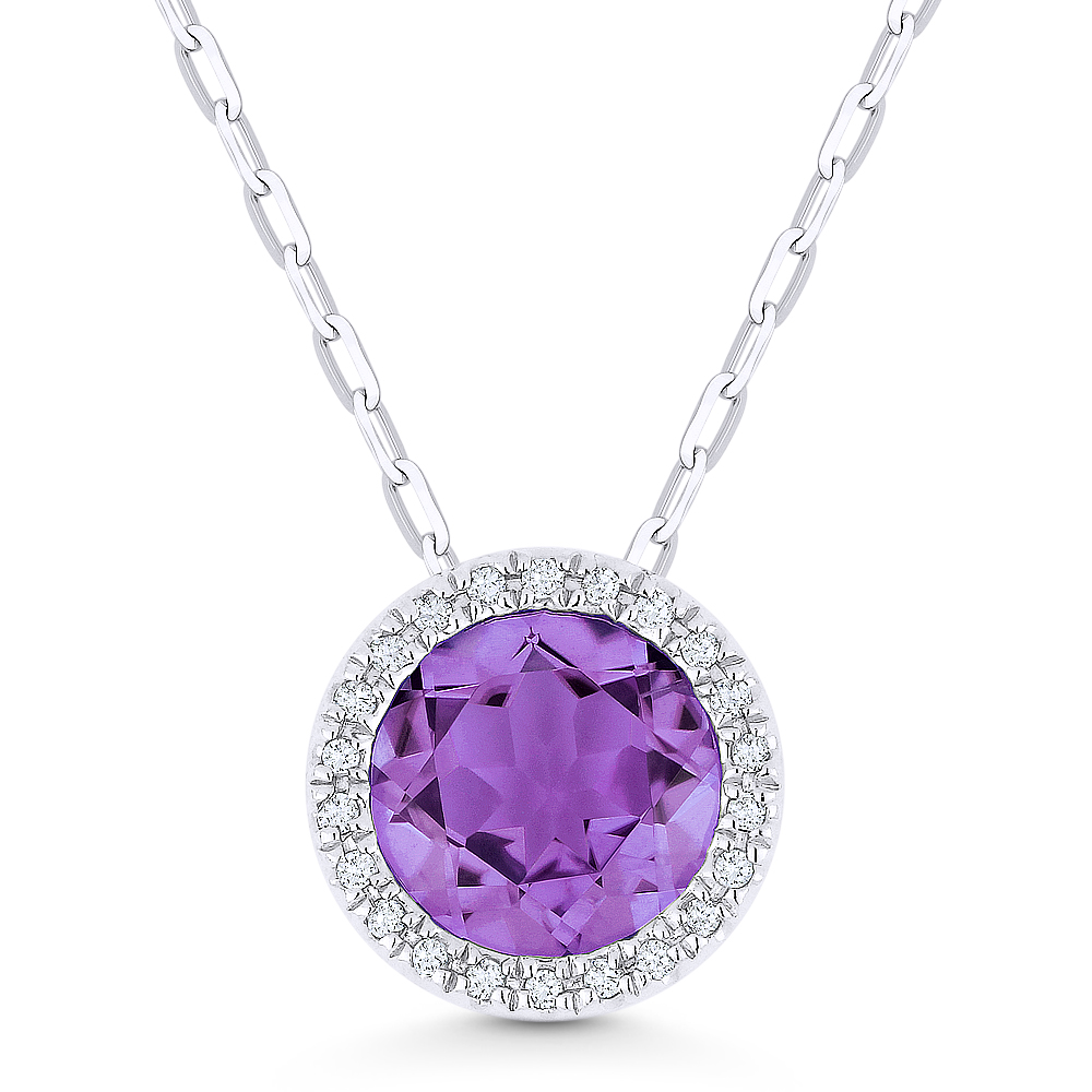 Lady's White 14 Karat Pendant/Chain With 22=0.05Tw Round Diamonds And One 1.17Ct Round Amethyst
