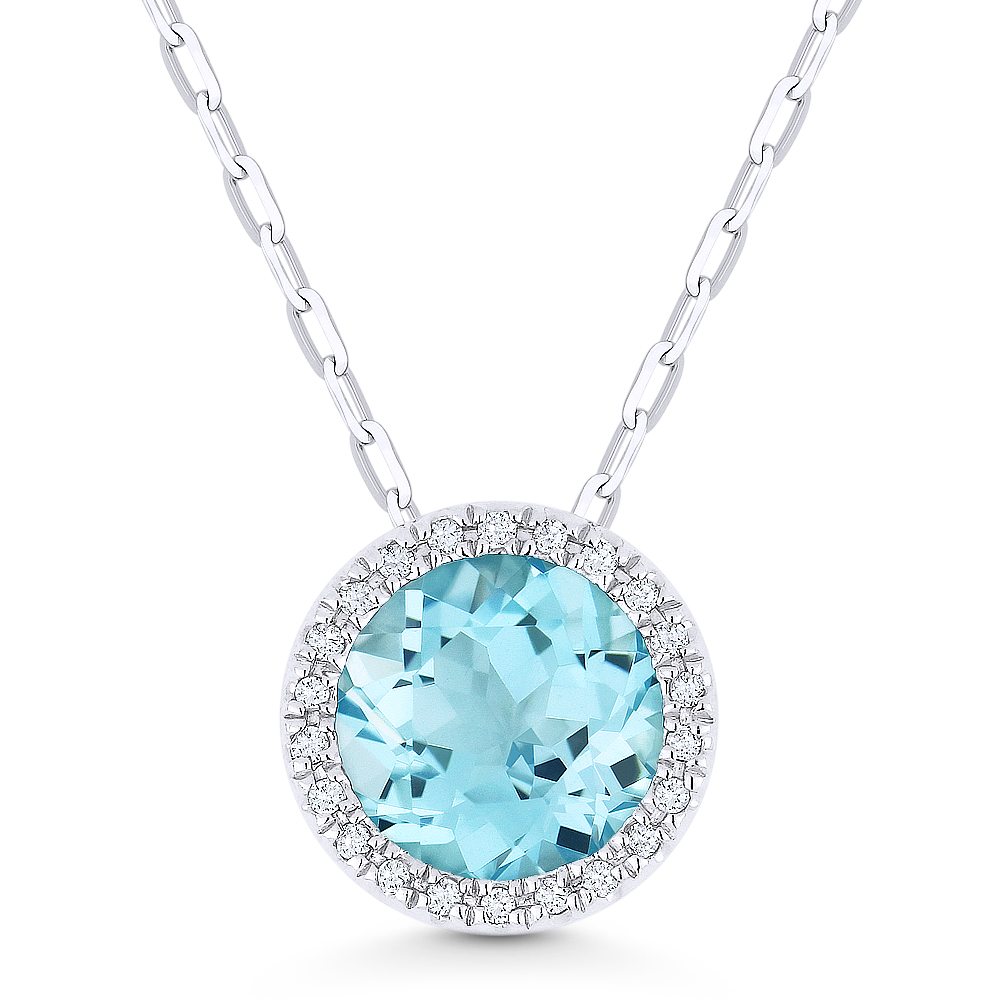 Lady's White 14 Karat Pendant/Chain With 22=0.05Tw Round Diamonds And One 1.29Ct Round Aqua